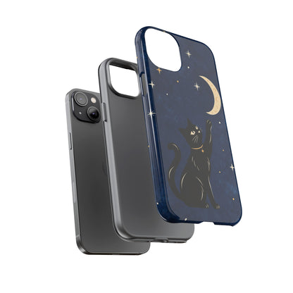 Whimsical Navy Blue Celestial Black Cat Phone Case