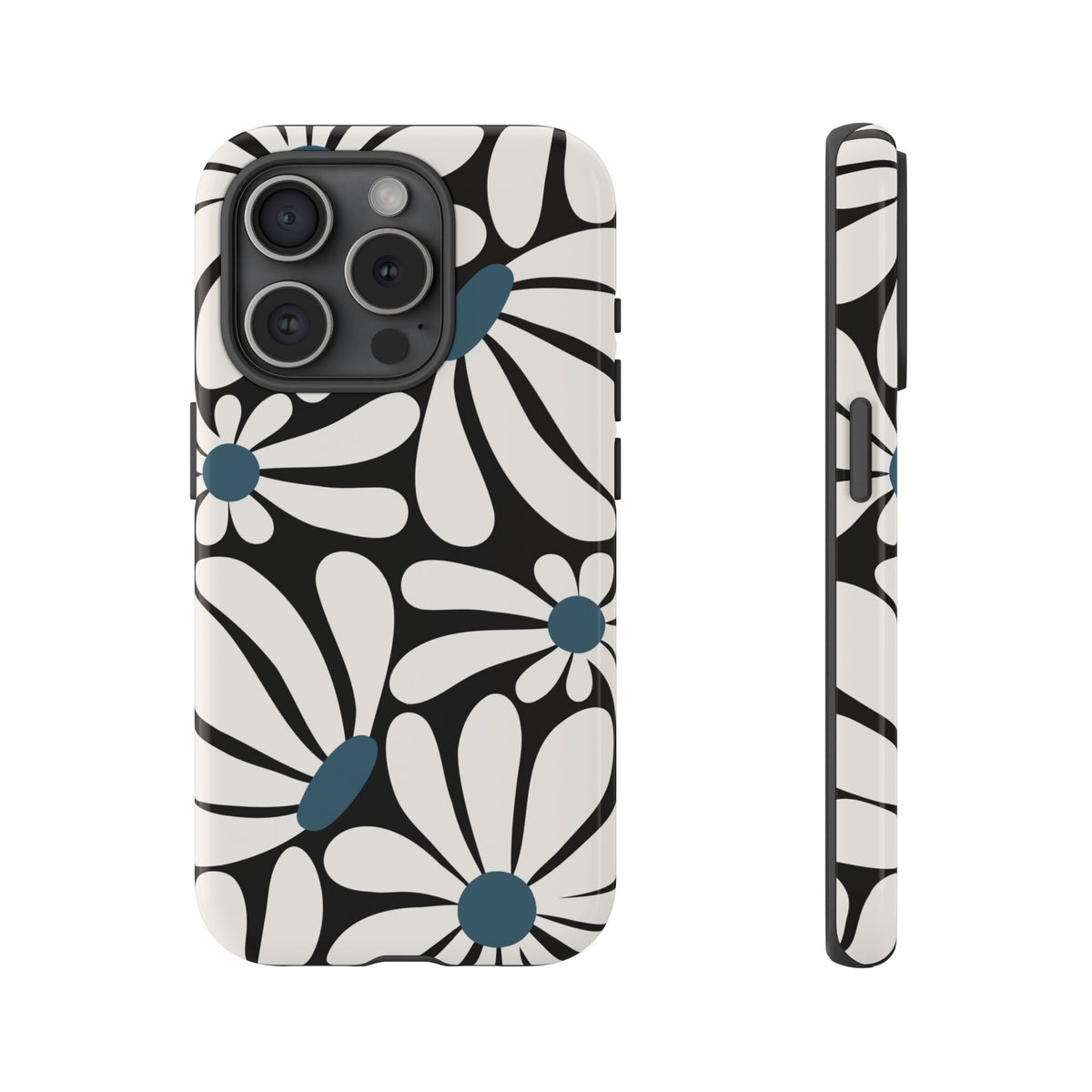 Retro Black Daisy Pattern Phone Case - Black Phone Case - iPhone 15 Pro / Glossy