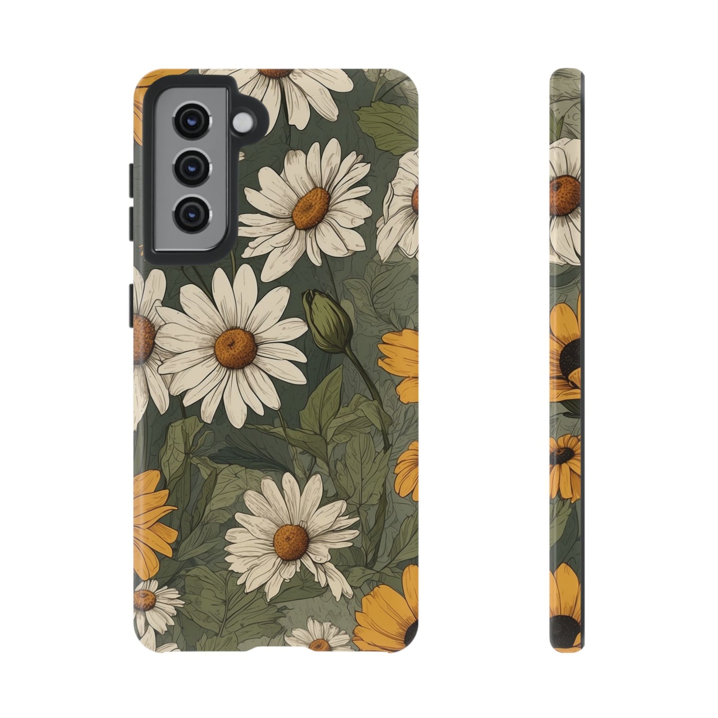 Samsung Galaxy S21 / Glossy Phone Case - Boho Chic Daisies Floral Pattern ’White & Yellow’ Phone Case