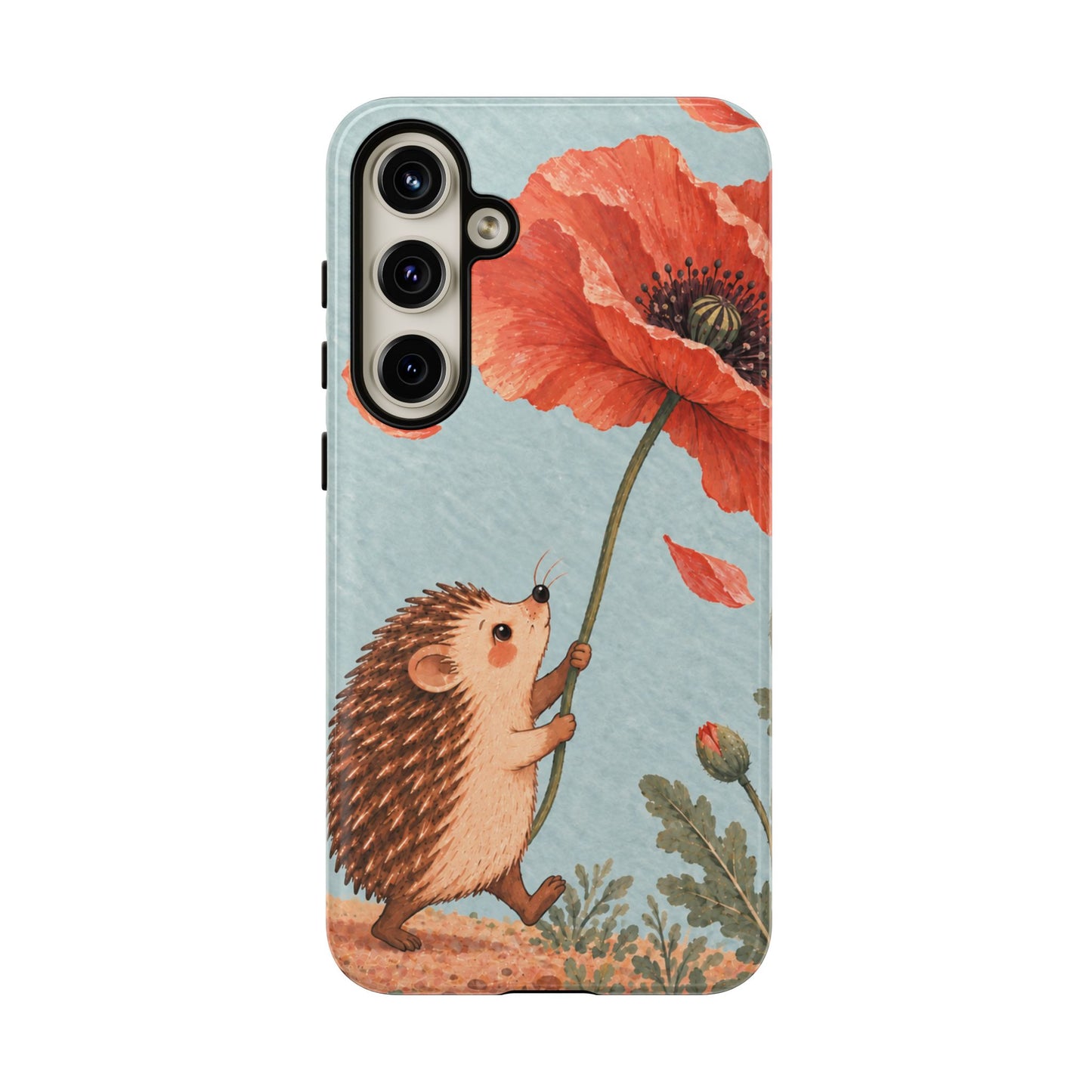 Whimsical Pale Blue Hedgehog and Poppy Phone Case - Blue Phone Case - Samsung Galaxy S24 Plus / Glossy
