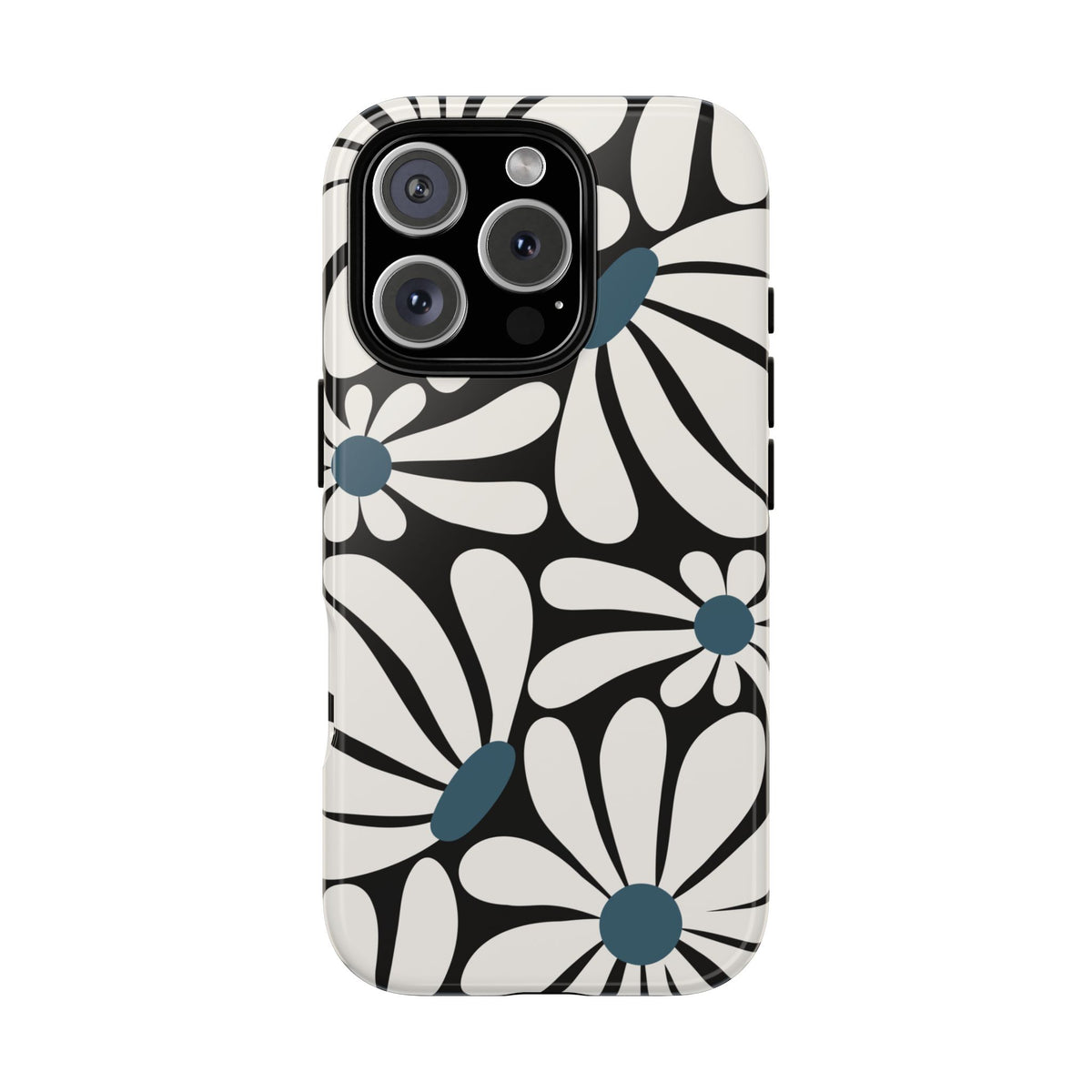 Retro Black Daisy Pattern Phone Case - Black Phone Case - iPhone 16 Pro / Glossy