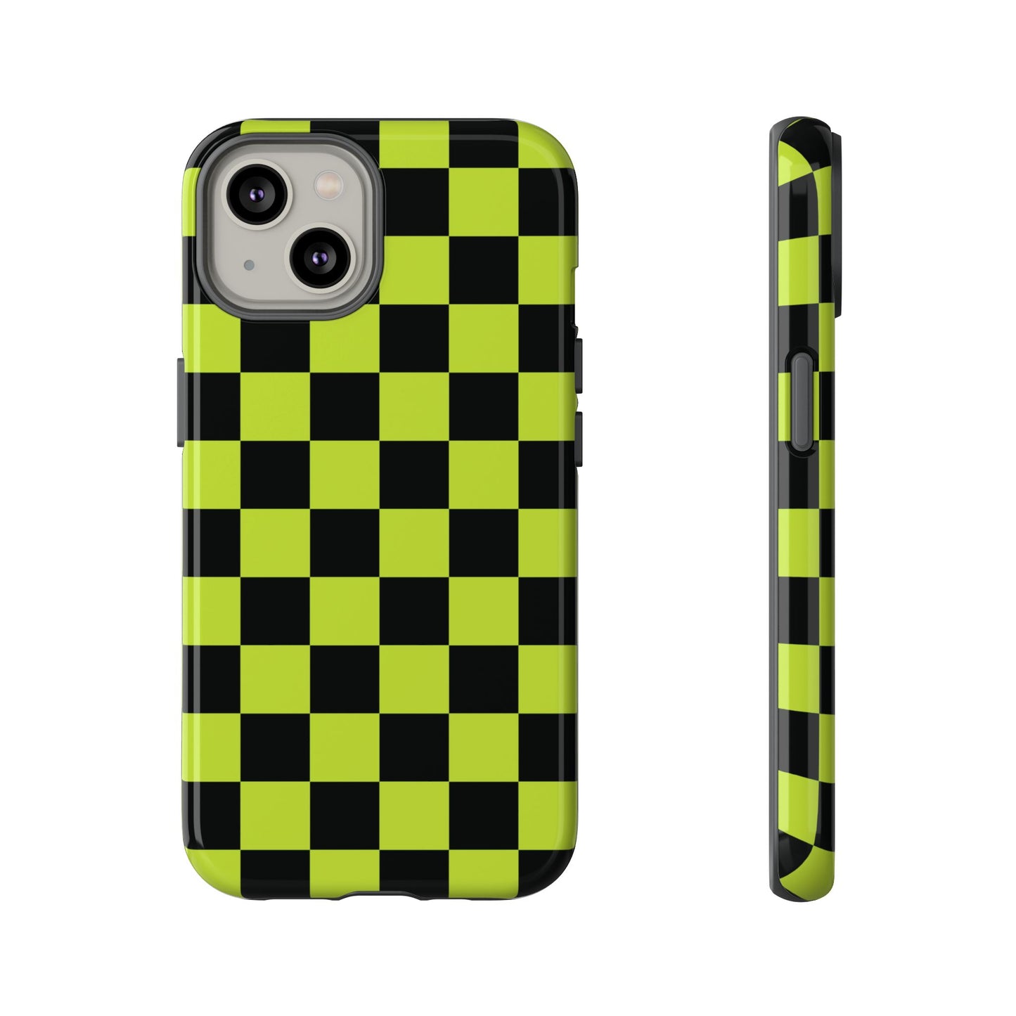 iPhone 14 / Glossy Phone Case - Trendy Neon Lime Green & Black Checked Pattern Phone Case