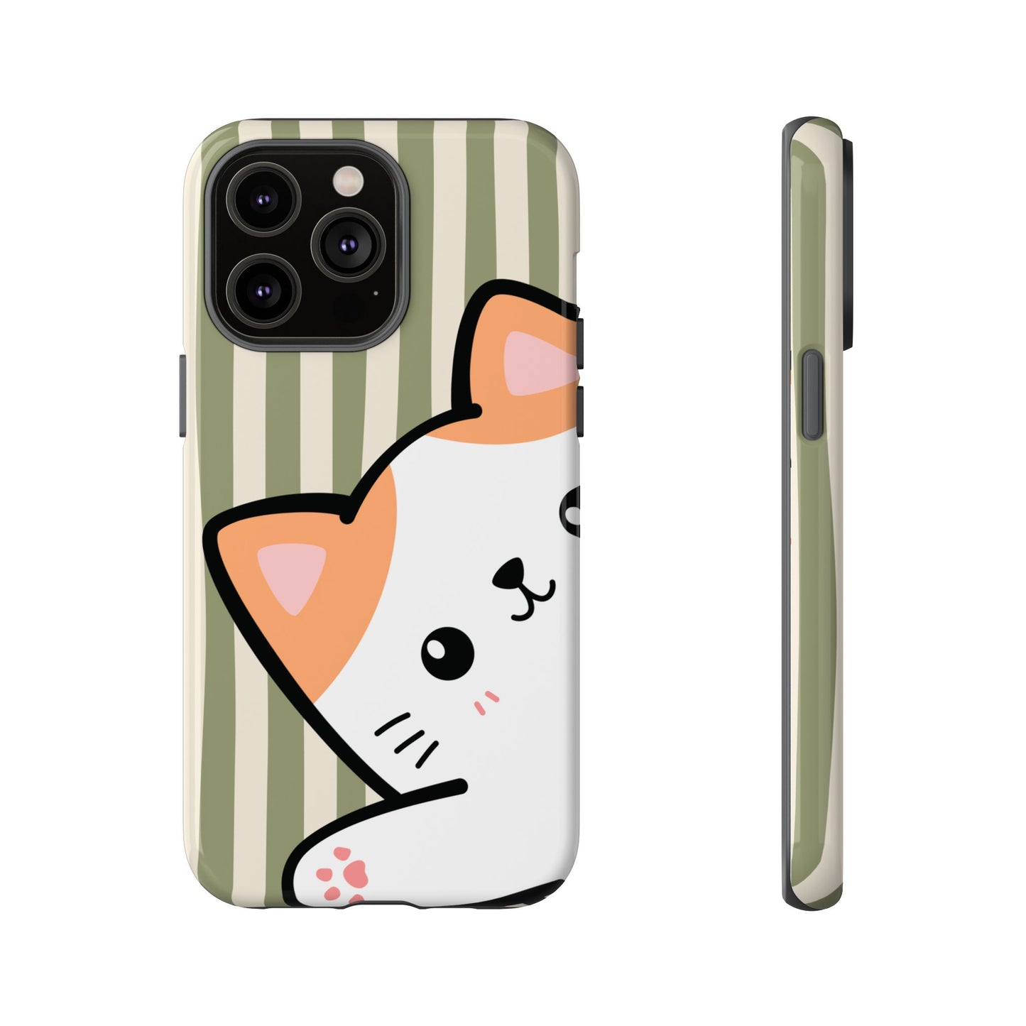 iPhone 14 Pro Max / Glossy Phone Case - Peakaboo Cat with Green Stripe Pattern Phone Case