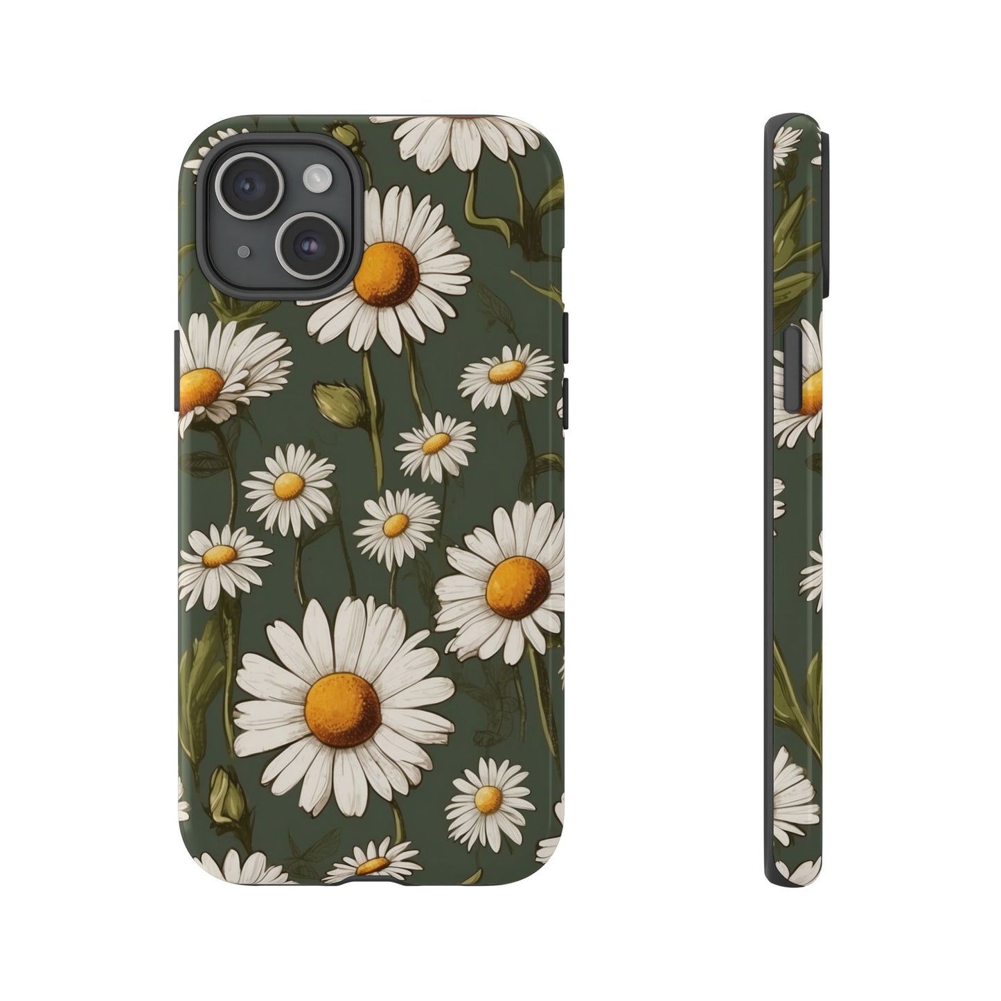 iPhone 15 Plus / Glossy Phone Case - Boho Chic Daisies Floral Pattern ’White & Green’ Phone Case
