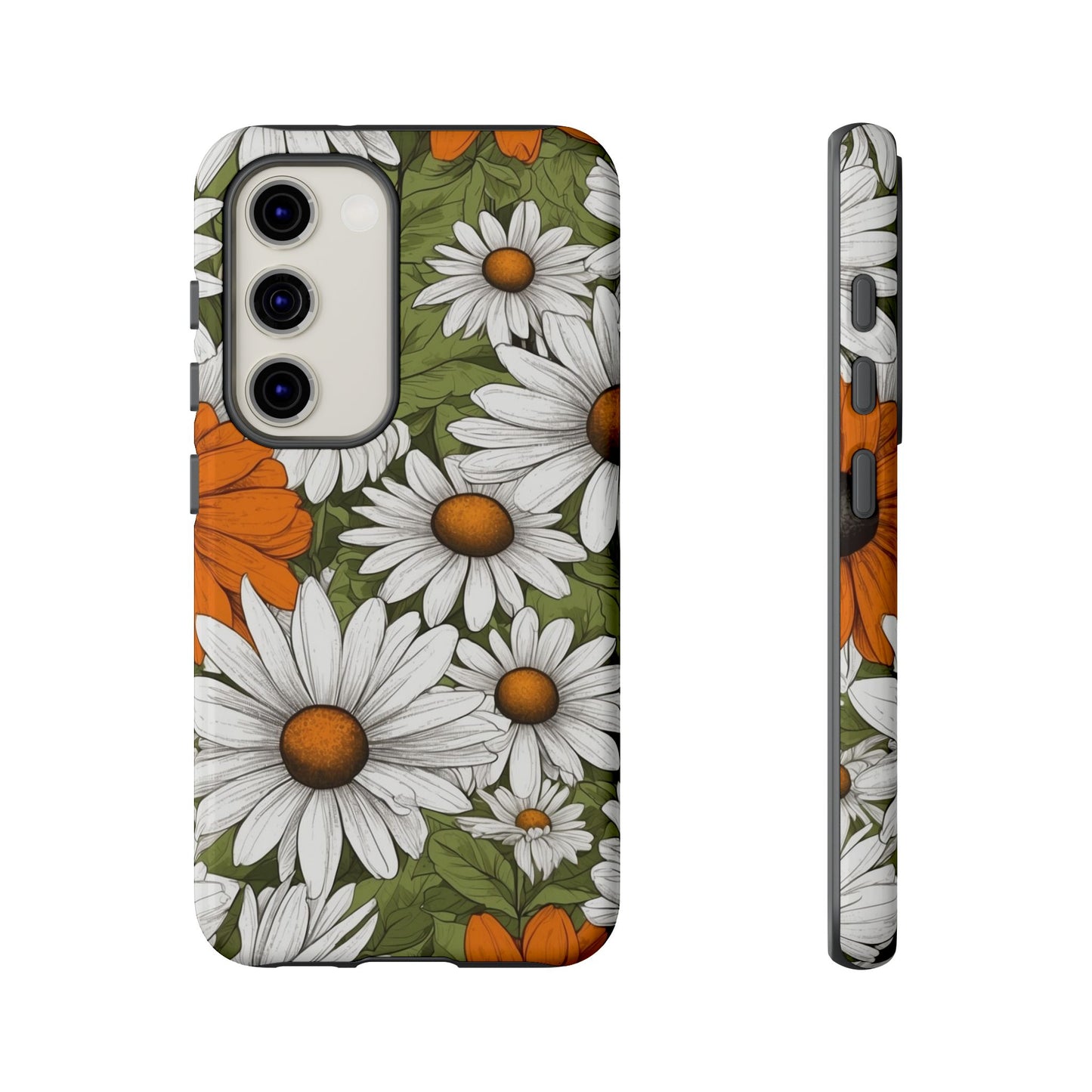Samsung Galaxy S23 / Glossy Phone Case - Boho Chic Daisies Floral Pattern ’White Orange & Green’ Phone Case