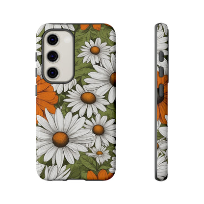 Samsung Galaxy S23 / Glossy Phone Case - Boho Chic Daisies Floral Pattern ’White Orange & Green’ Phone Case