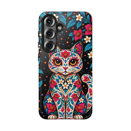 Vibrant Pink and Turquoise Calavera Cat Phone Case - Multicolor Phone Case - Samsung Galaxy S25 / Glossy