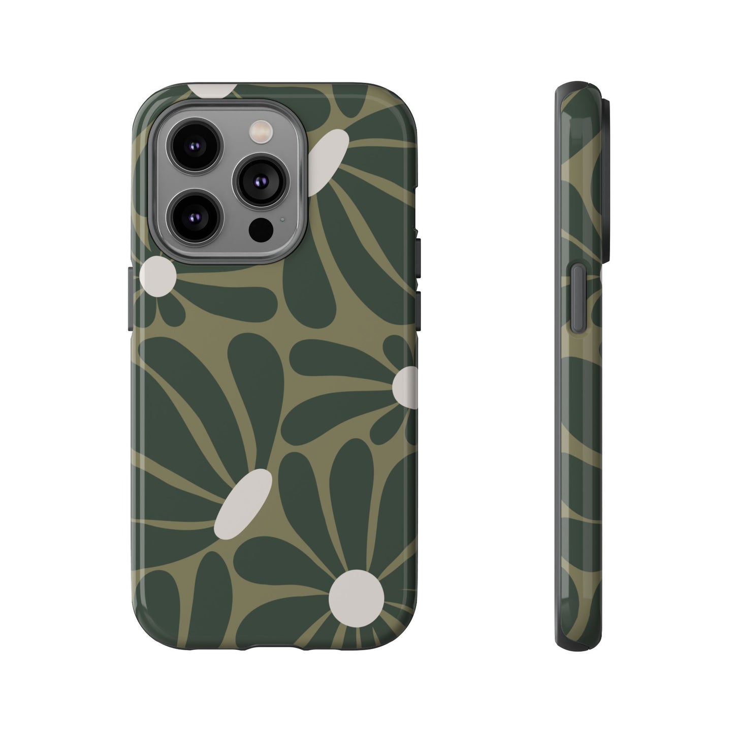 iPhone 14 Pro / Glossy Phone Case - ’Retro Olive Green Daisy Pattern’ Phone Case