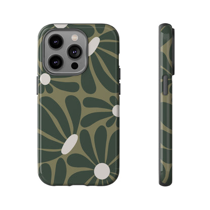iPhone 14 Pro / Glossy Phone Case - ’Retro Olive Green Daisy Pattern’ Phone Case