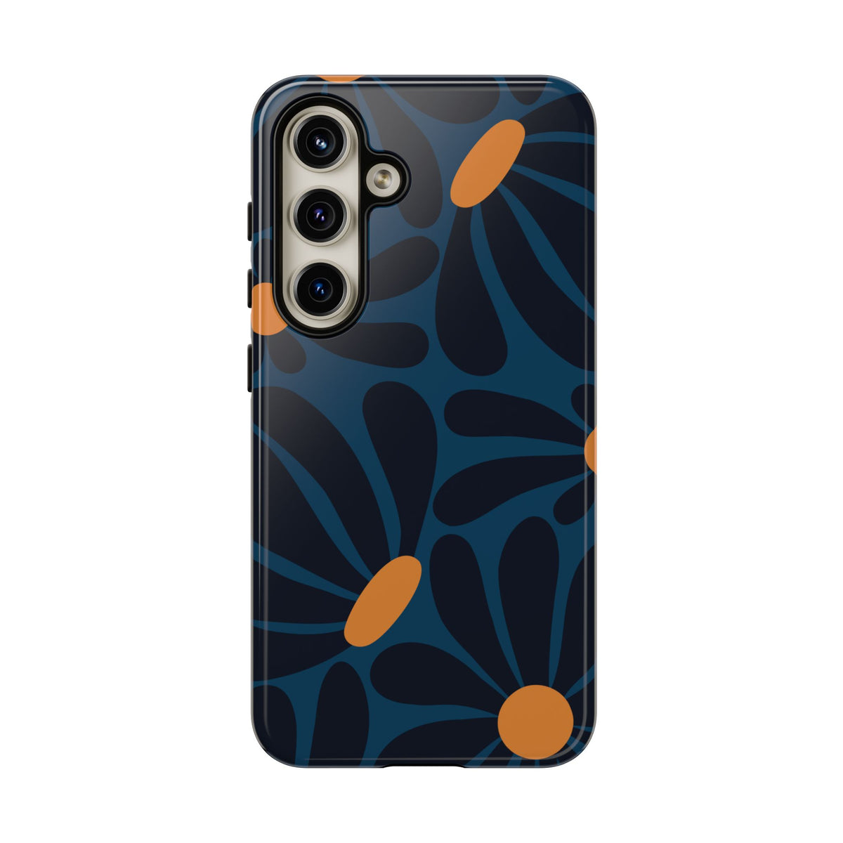 Dark Blue & Orange Daisy Pattern Phone Case - Blue Phone Case - Samsung Galaxy S24 / Glossy