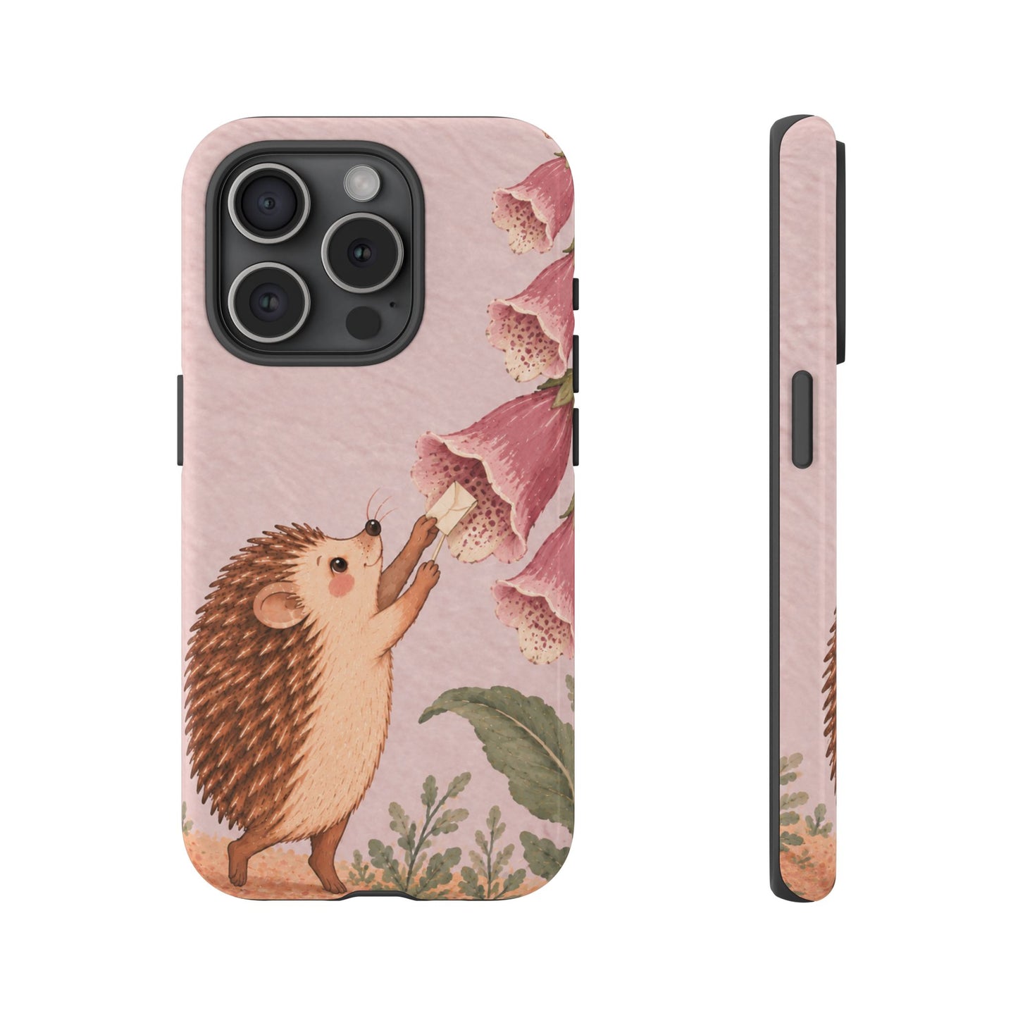 Whimsical Blush Pink Hedgehog and Foxglove Phone Case - Pink Phone Case - iPhone 15 Pro / Glossy