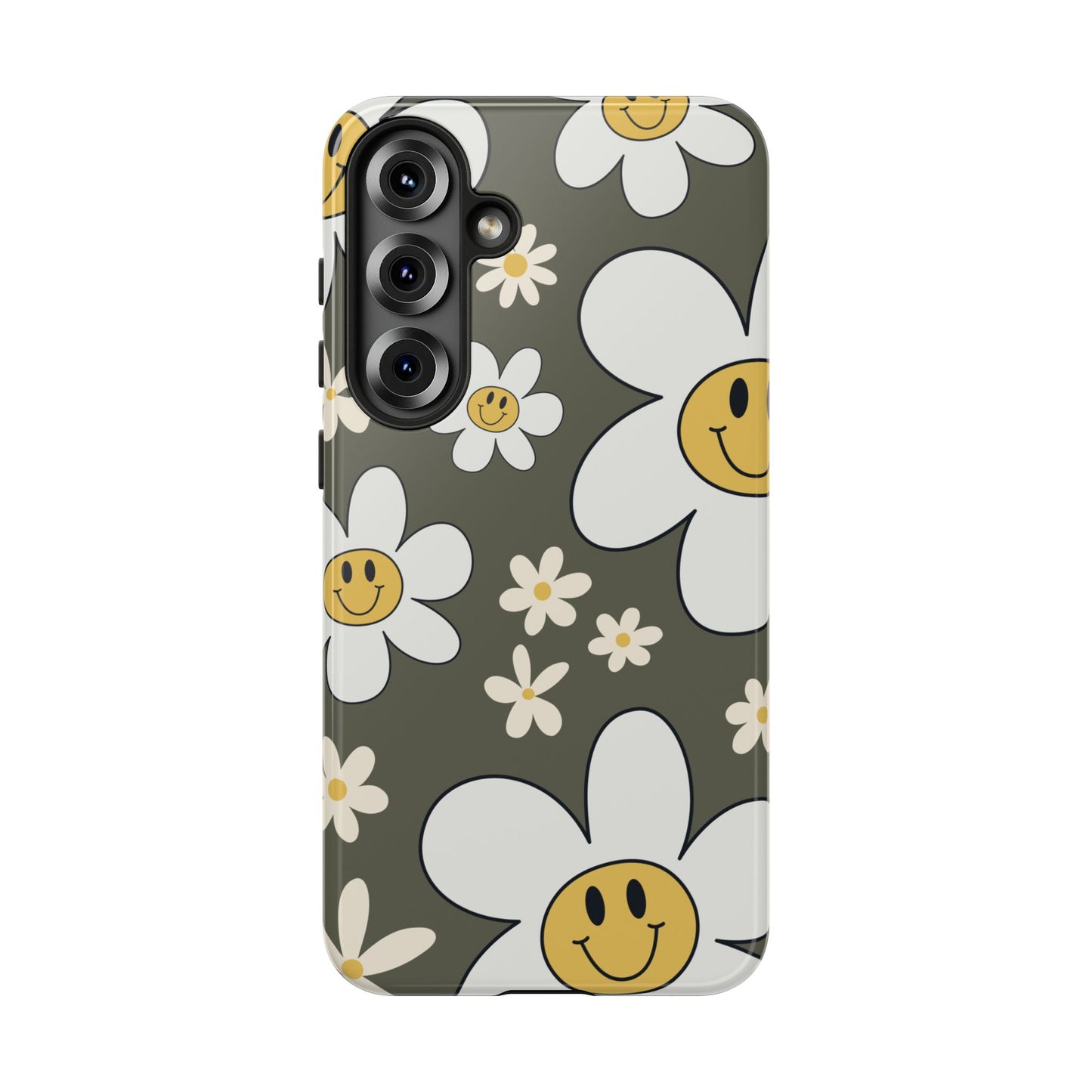 Samsung Galaxy S25 Plus / Glossy Phone Case - Fun Retro Daisy Pattern with Olive Green Background Phone Case