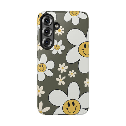 Samsung Galaxy S25 Plus / Glossy Phone Case - Fun Retro Daisy Pattern with Olive Green Background Phone Case