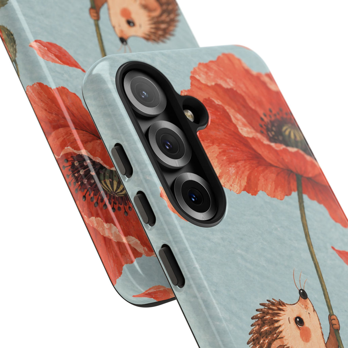 Whimsical Pale Blue Hedgehog and Poppy Phone Case - Blue Phone Case