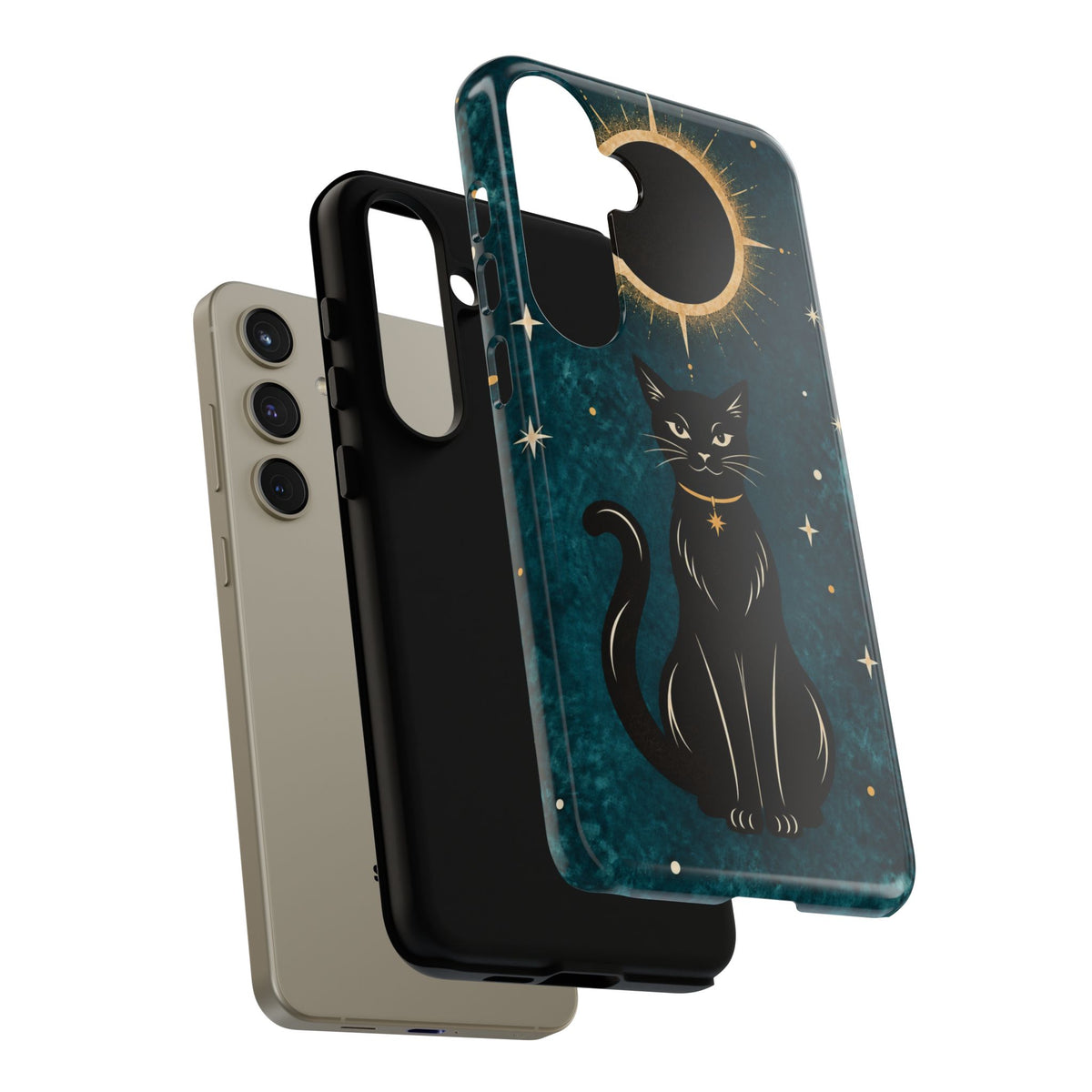 Whimsical Teal Celestial Black Cat Phone Case