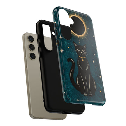 Whimsical Teal Celestial Black Cat Phone Case