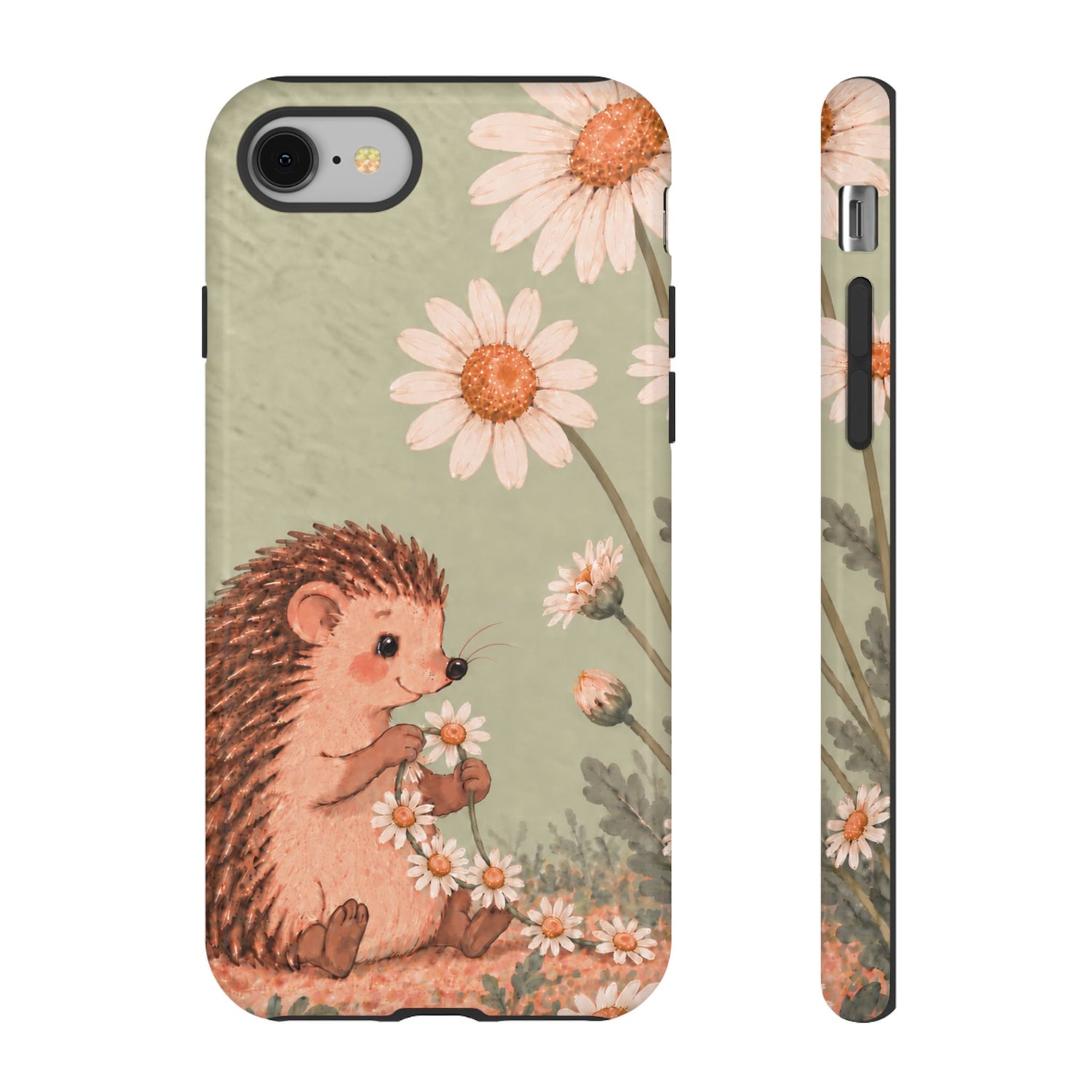 Whimsical Sage Green Hedgehog and Daisy Chain Phone Case - Green Phone Case - iPhone 8 / Glossy