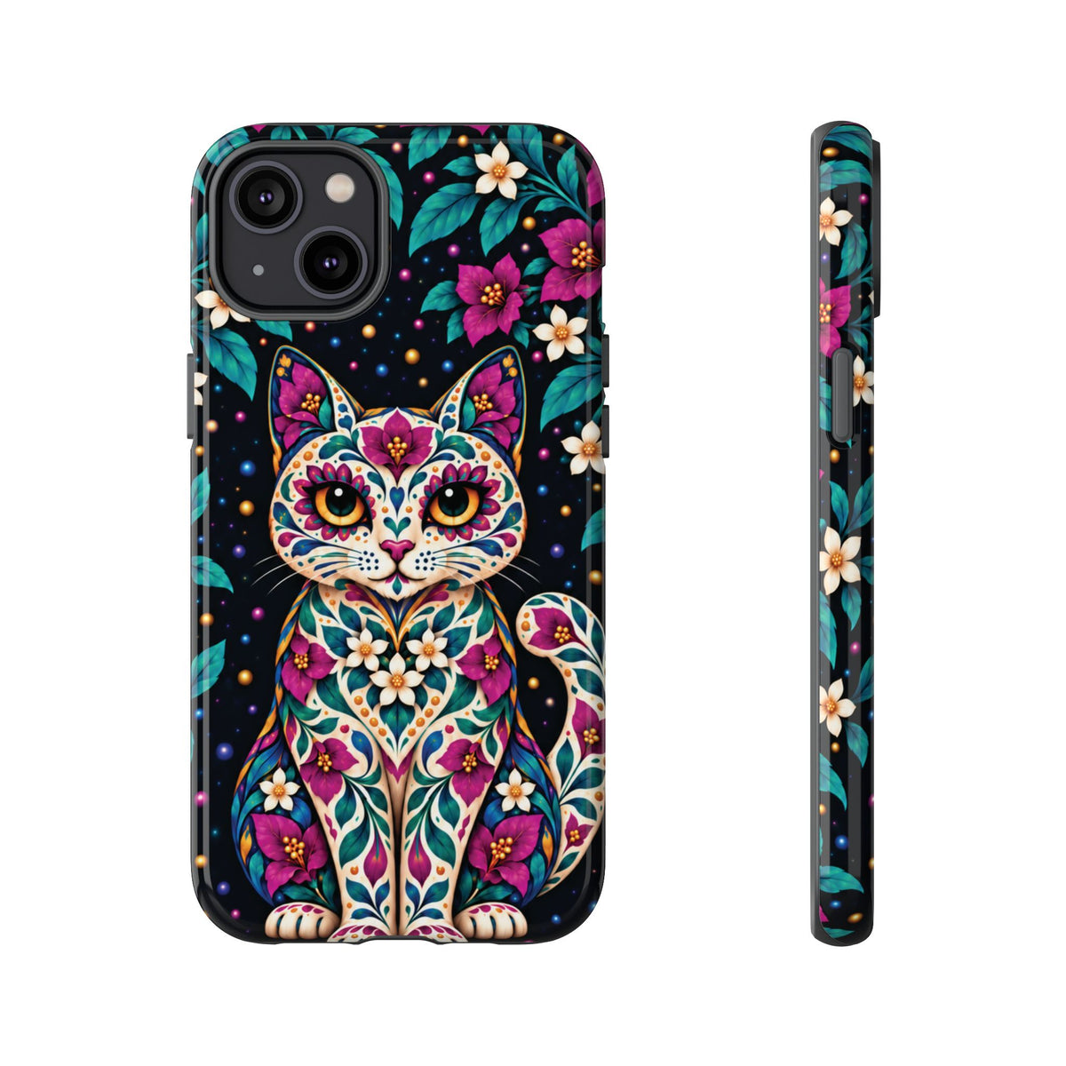Vibrant Purple and Teal Calavera Cat Phone Case - Multicolor Phone Case - iPhone 14 Plus / Glossy