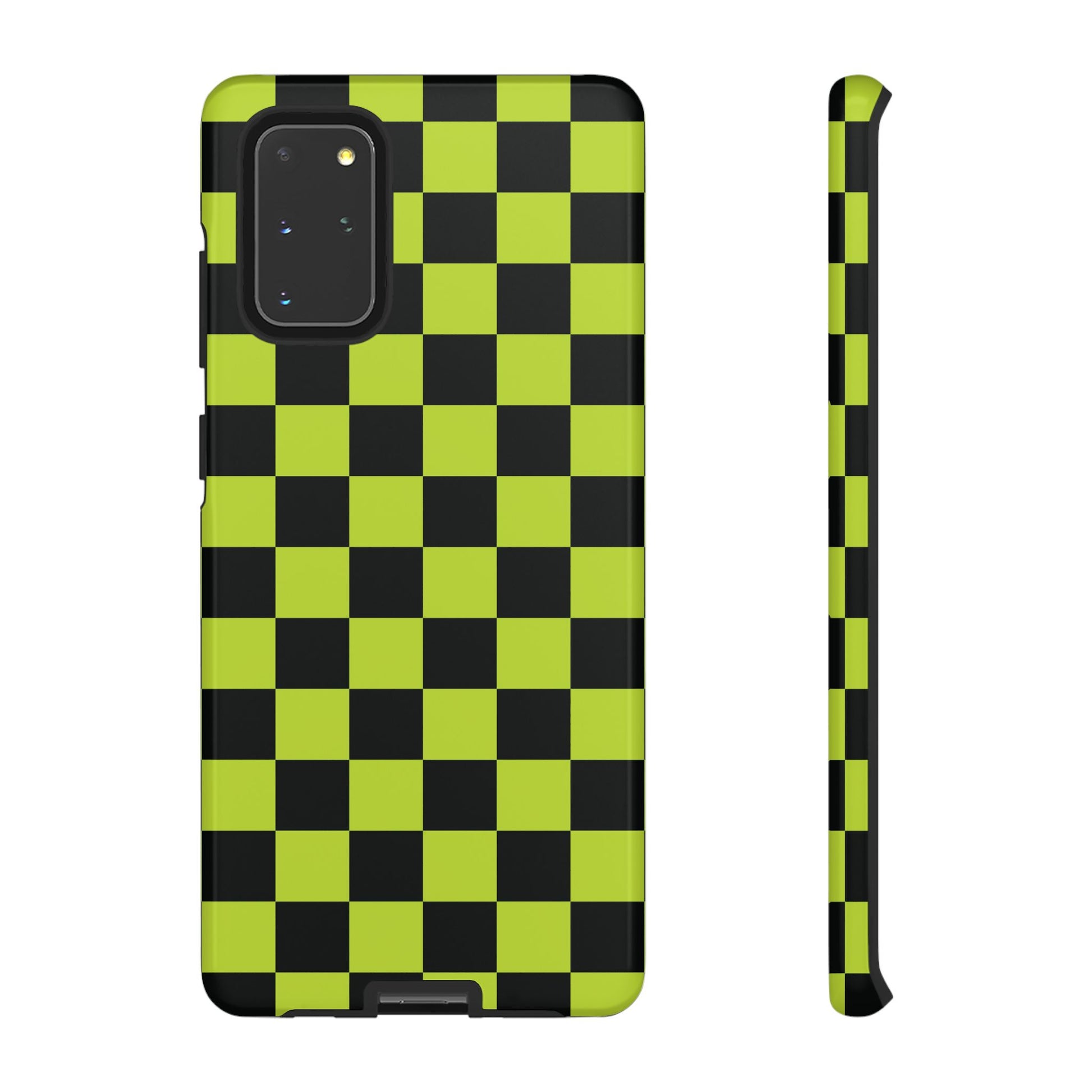 Samsung Galaxy S20+ / Glossy Phone Case - Trendy Neon Lime Green & Black Checked Pattern Phone Case