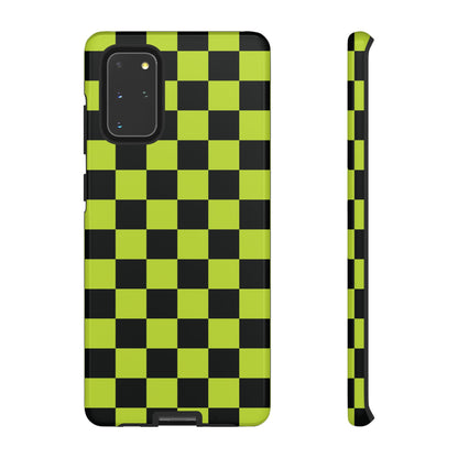 Samsung Galaxy S20+ / Glossy Phone Case - Trendy Neon Lime Green & Black Checked Pattern Phone Case
