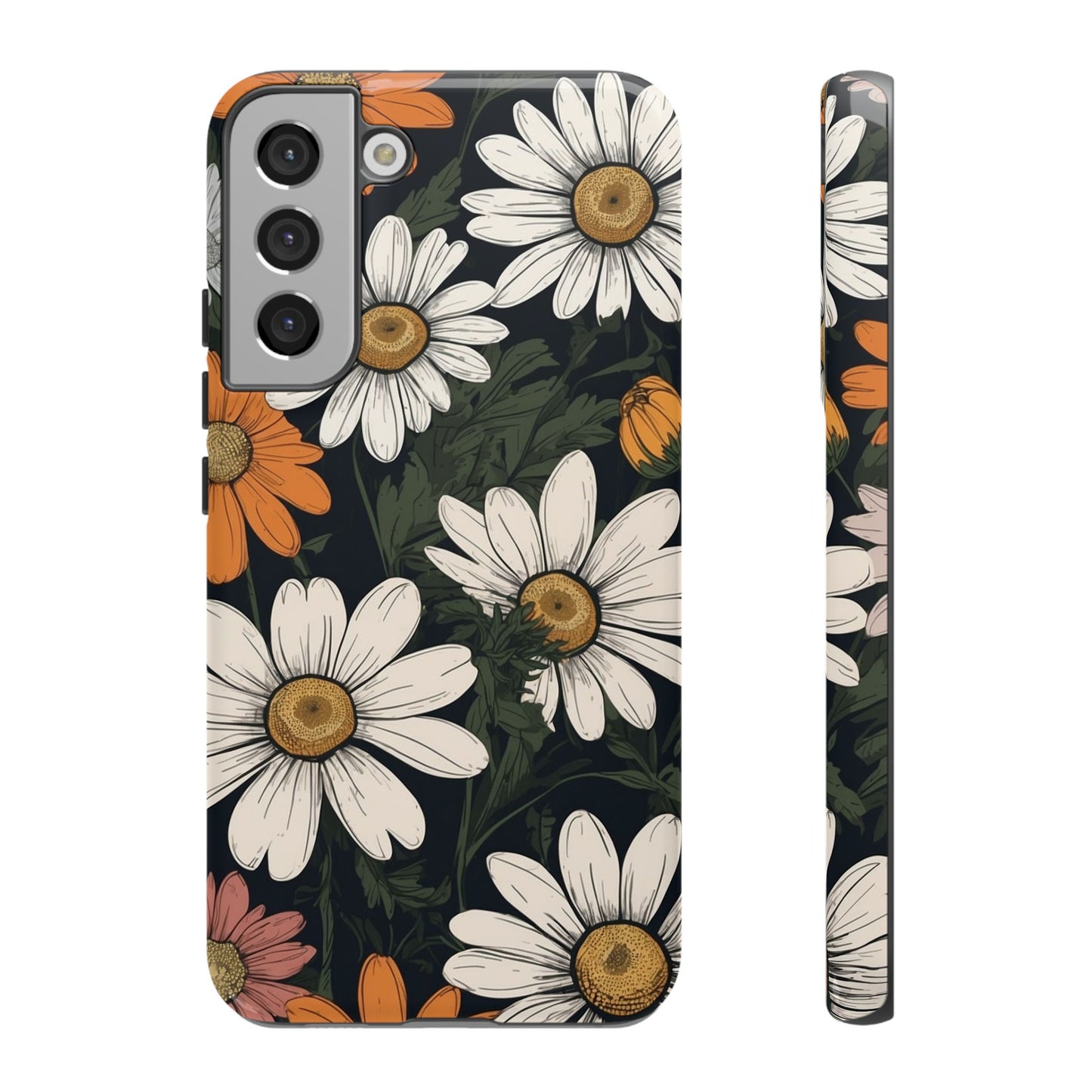 Samsung Galaxy S22 Plus / Glossy Phone Case - Boho Chic Daisies Floral Pattern ’White Orange & Pink’ Phone Case