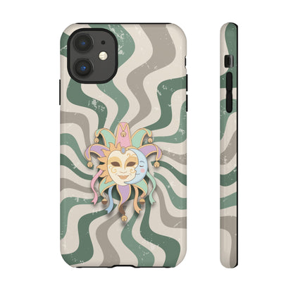 iPhone 11 / Glossy Phone Case - Sun & Moon Jester Mask – Green Retro Wave Phone Case