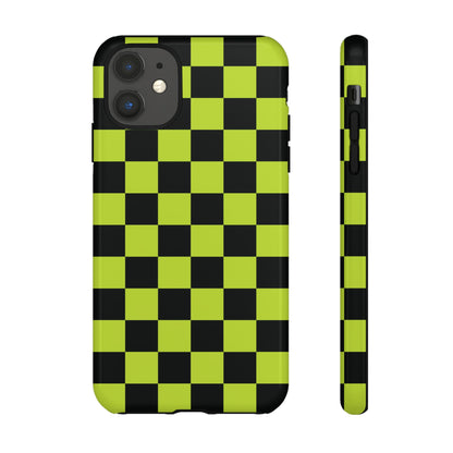 iPhone 11 / Glossy Phone Case - Trendy Neon Lime Green & Black Checked Pattern Phone Case