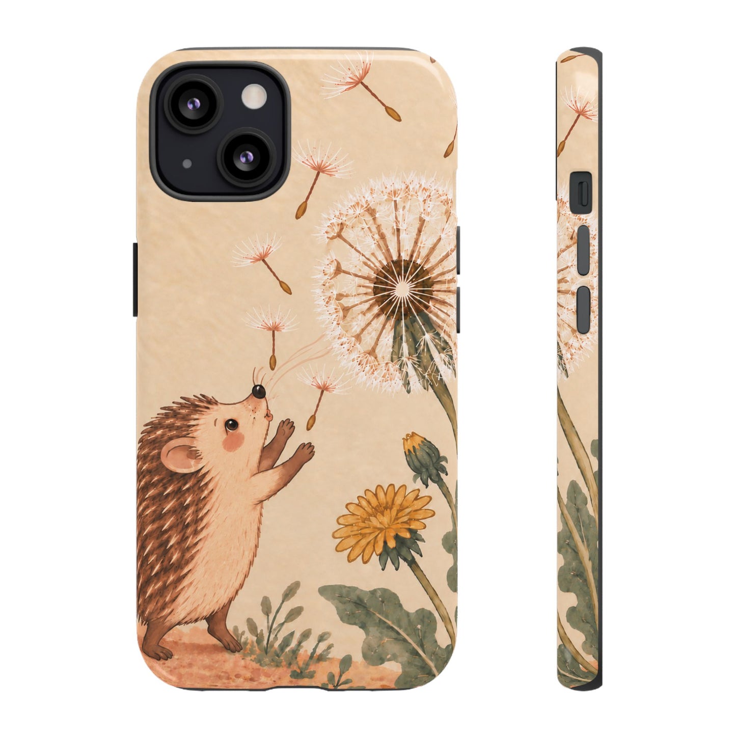 Whimsical Cream Hedgehog and Dandelion Phone Case - White Phone Case - iPhone 13 / Glossy