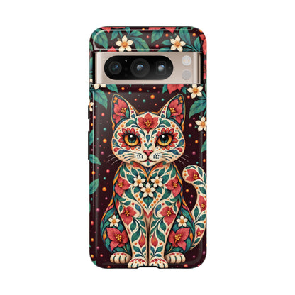 Vibrant Terracotta and Teal Calavera Cat Phone Case - Multicolor Phone Case - Google Pixel 8 Pro / Glossy