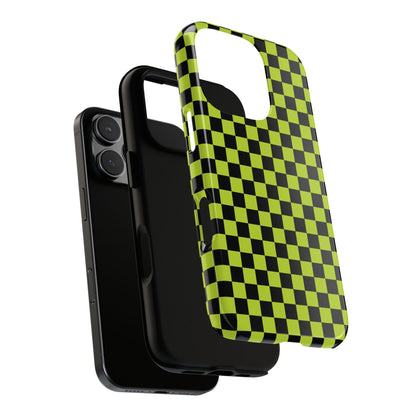 Phone Case - Trendy Neon Lime Green & Plum Small Checked Pattern Phone Case