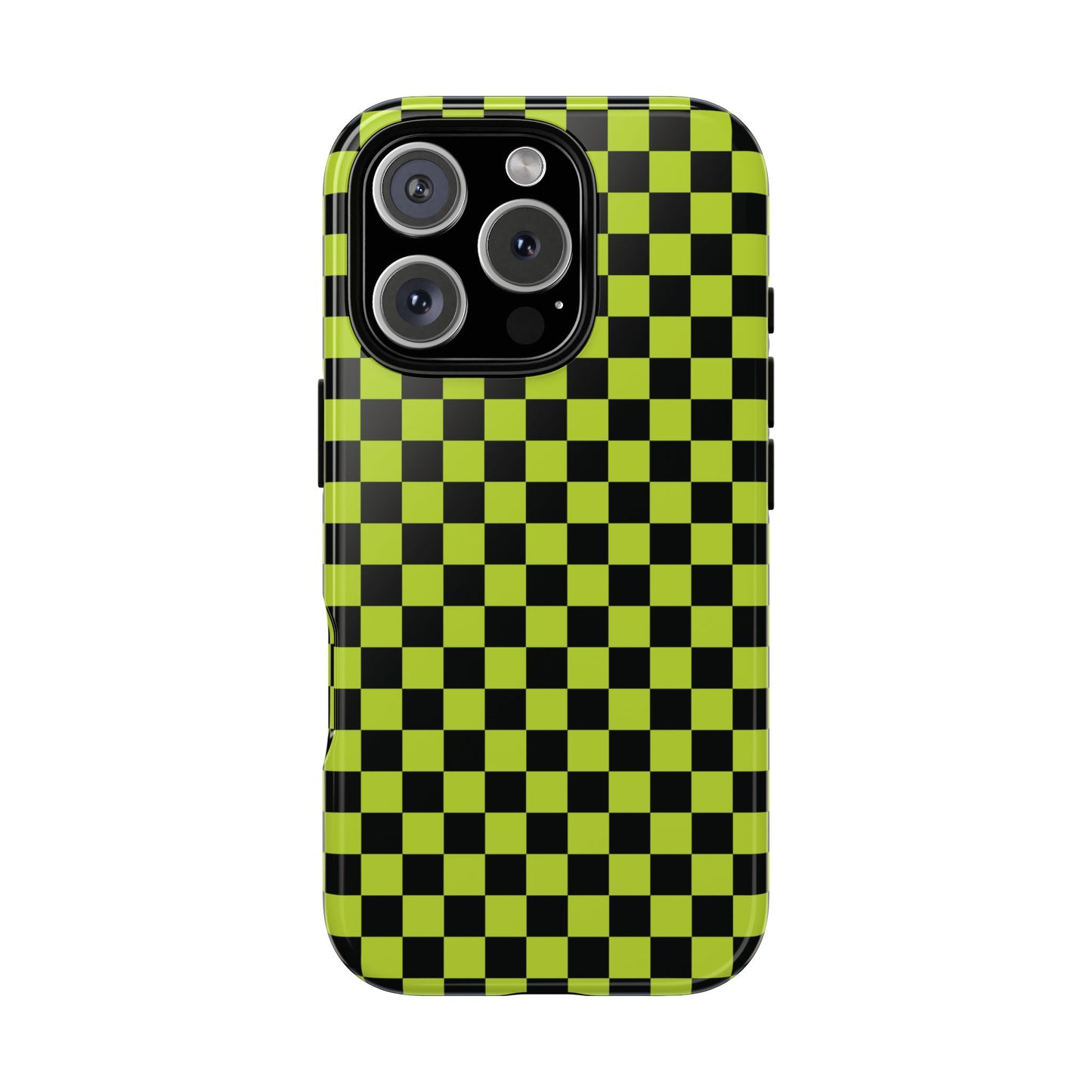 iPhone 16 Pro / Glossy Phone Case - Trendy Neon Lime Green & Plum Small Checked Pattern Phone Case