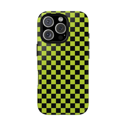 iPhone 16 Pro / Glossy Phone Case - Trendy Neon Lime Green & Plum Small Checked Pattern Phone Case