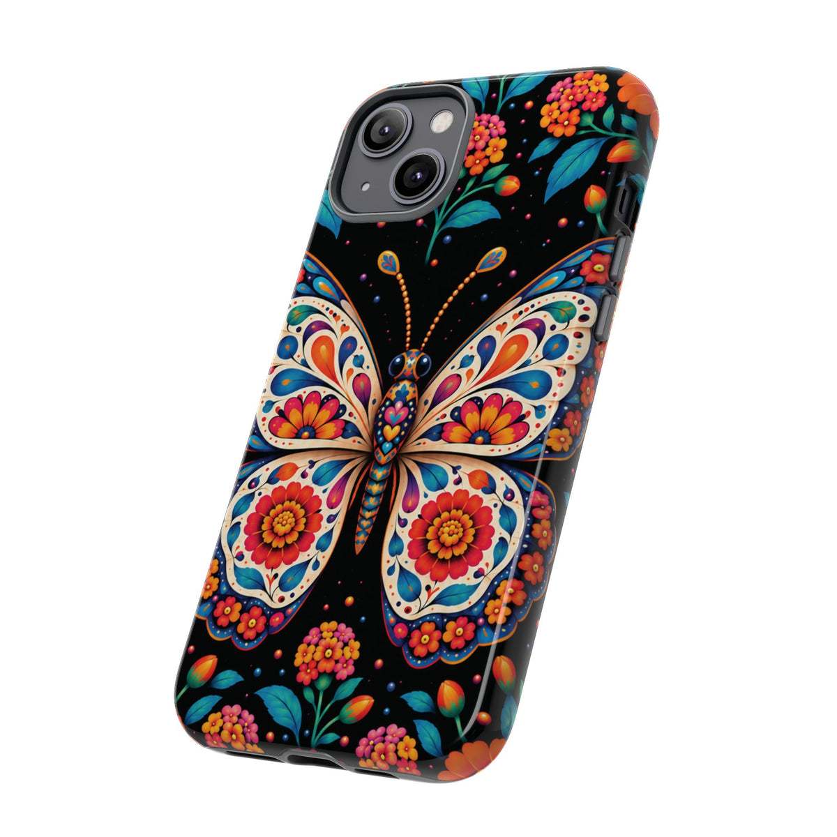 Vibrant Orange and Turquoise Calavera Butterfly Phone Case - Multicolor Phone Case