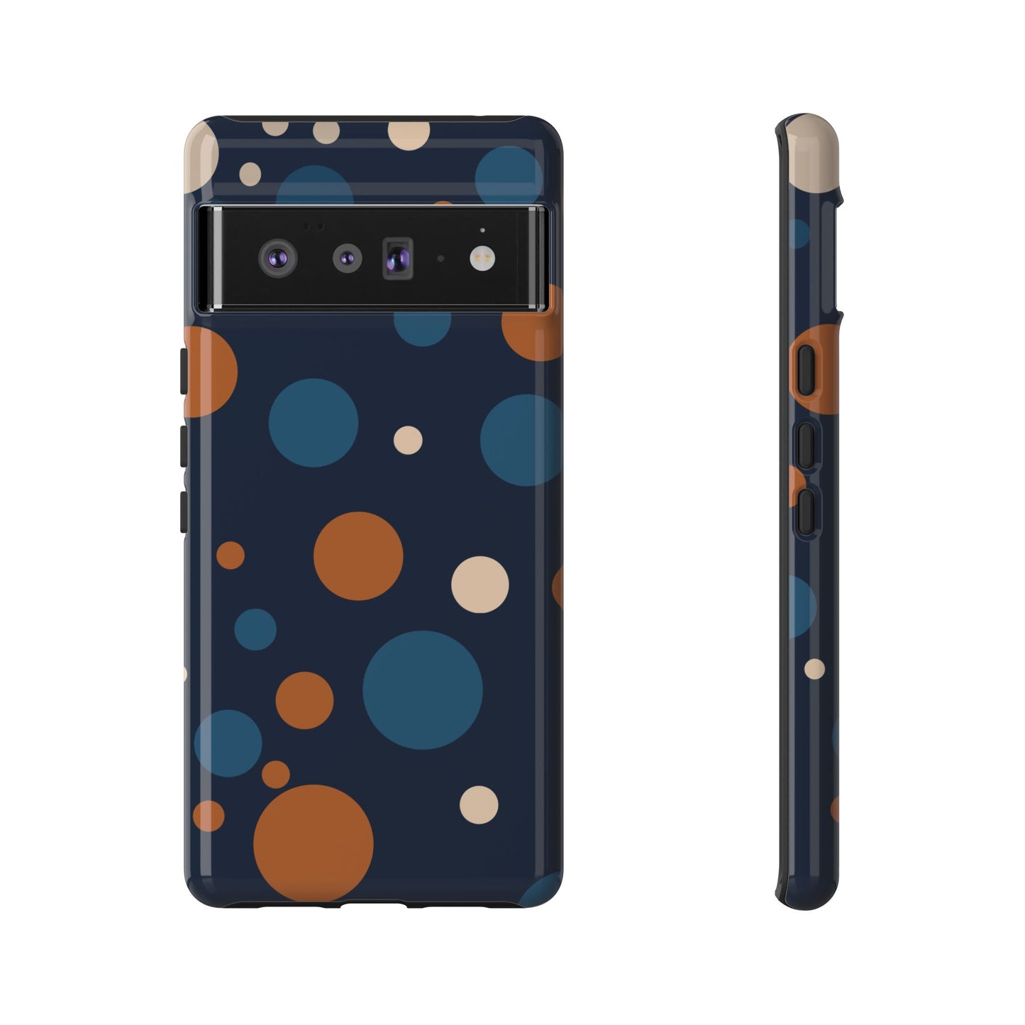 Google Pixel 6 Pro / Glossy Phone Case - ’Bold Navy Blue & Orange / White Dot Pattern’ Phone Case