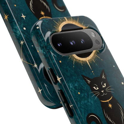 Whimsical Teal Celestial Black Cat Phone Case