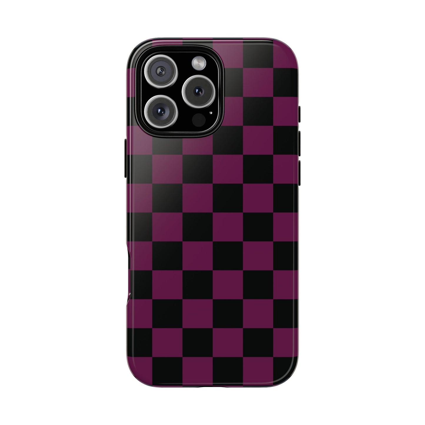 iPhone 16 Pro Max / Glossy Phone Case - Trendy Plum & Black Checked Pattern Phone Case