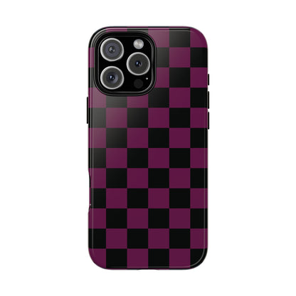 iPhone 16 Pro Max / Glossy Phone Case - Trendy Plum & Black Checked Pattern Phone Case