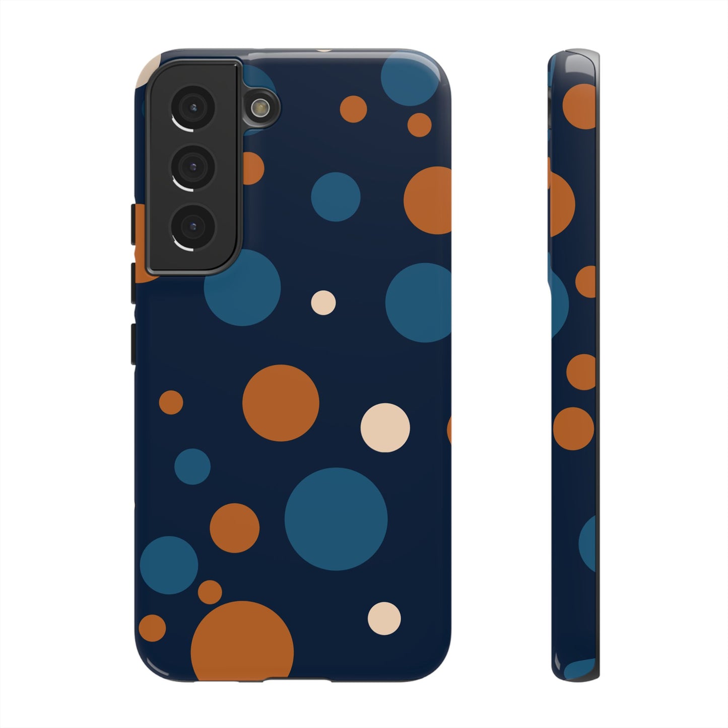 Samsung Galaxy S22 / Glossy Phone Case - ’Bold Navy Blue & Orange / White Dot Pattern’ Phone Case