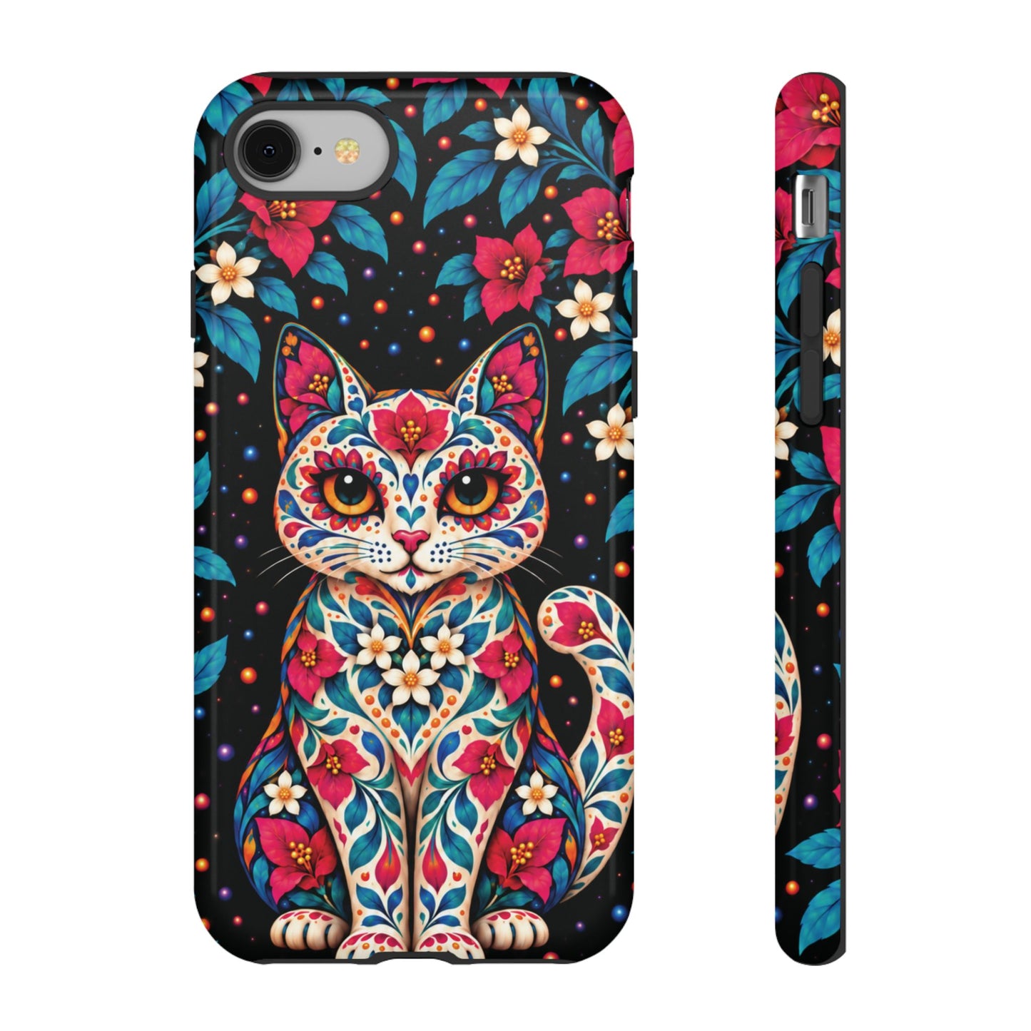 Vibrant Pink and Turquoise Calavera Cat Phone Case - Multicolor Phone Case - iPhone 8 / Glossy