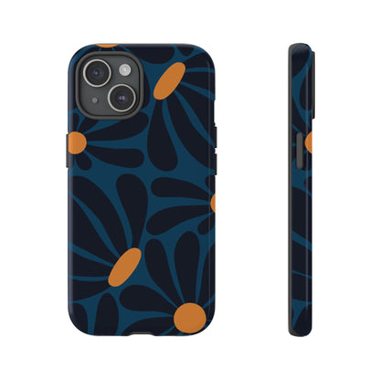 Dark Blue & Orange Daisy Pattern Phone Case - Blue Phone Case - iPhone 15 / Glossy