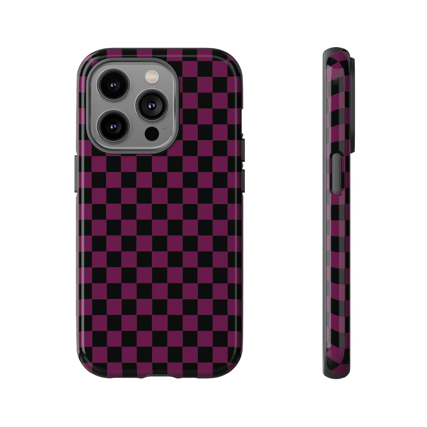 iPhone 14 Pro / Glossy Phone Case - Trendy Plum & Black Small Checked Pattern Phone Case