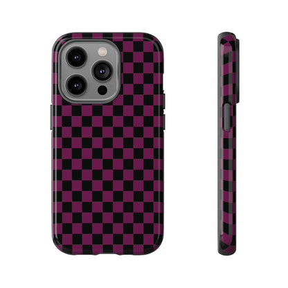 iPhone 14 Pro / Glossy Phone Case - Trendy Plum & Black Small Checked Pattern Phone Case