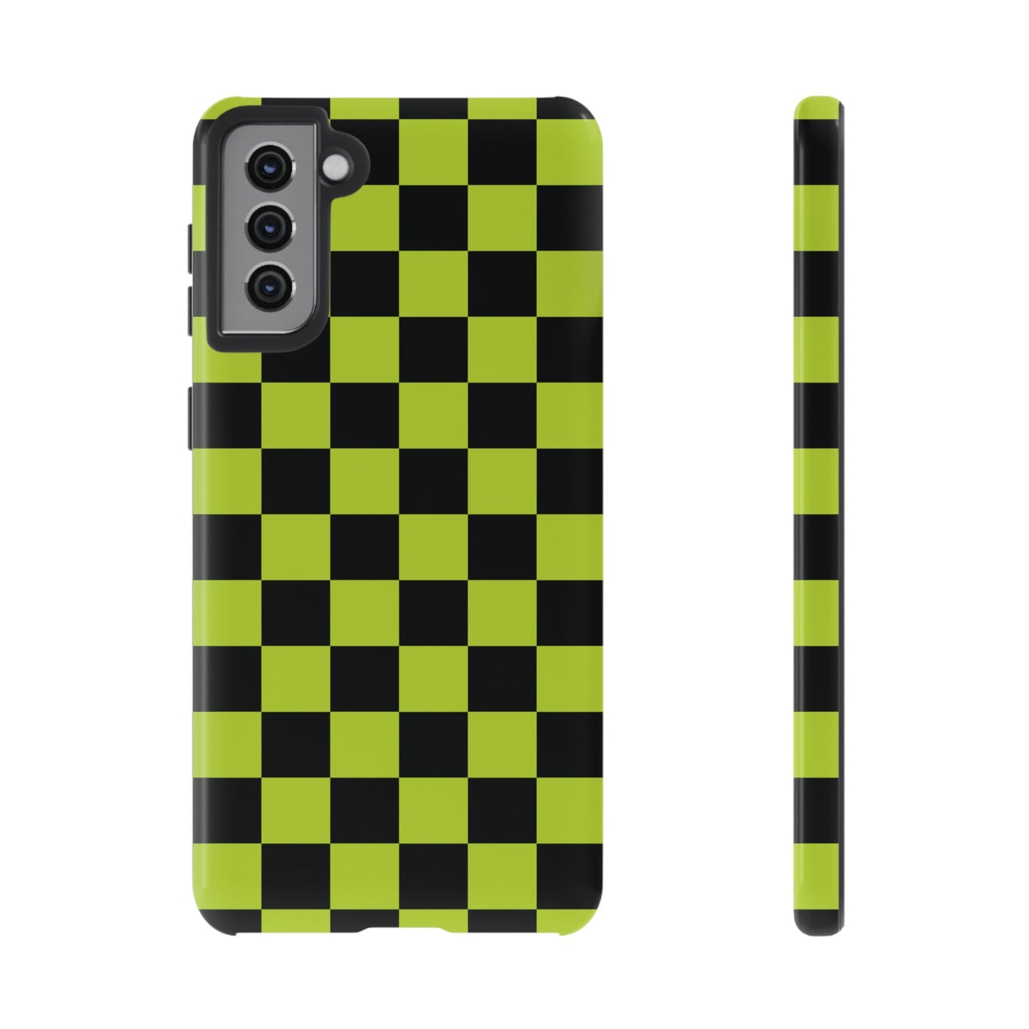 Samsung Galaxy S21 Plus / Glossy Phone Case - Trendy Neon Lime Green & Black Checked Pattern Phone Case
