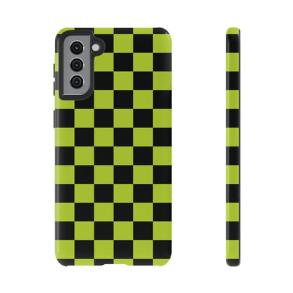 Samsung Galaxy S21 Plus / Glossy Phone Case - Trendy Neon Lime Green & Black Checked Pattern Phone Case