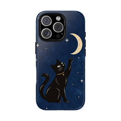 Whimsical Navy Blue Celestial Black Cat Phone Case