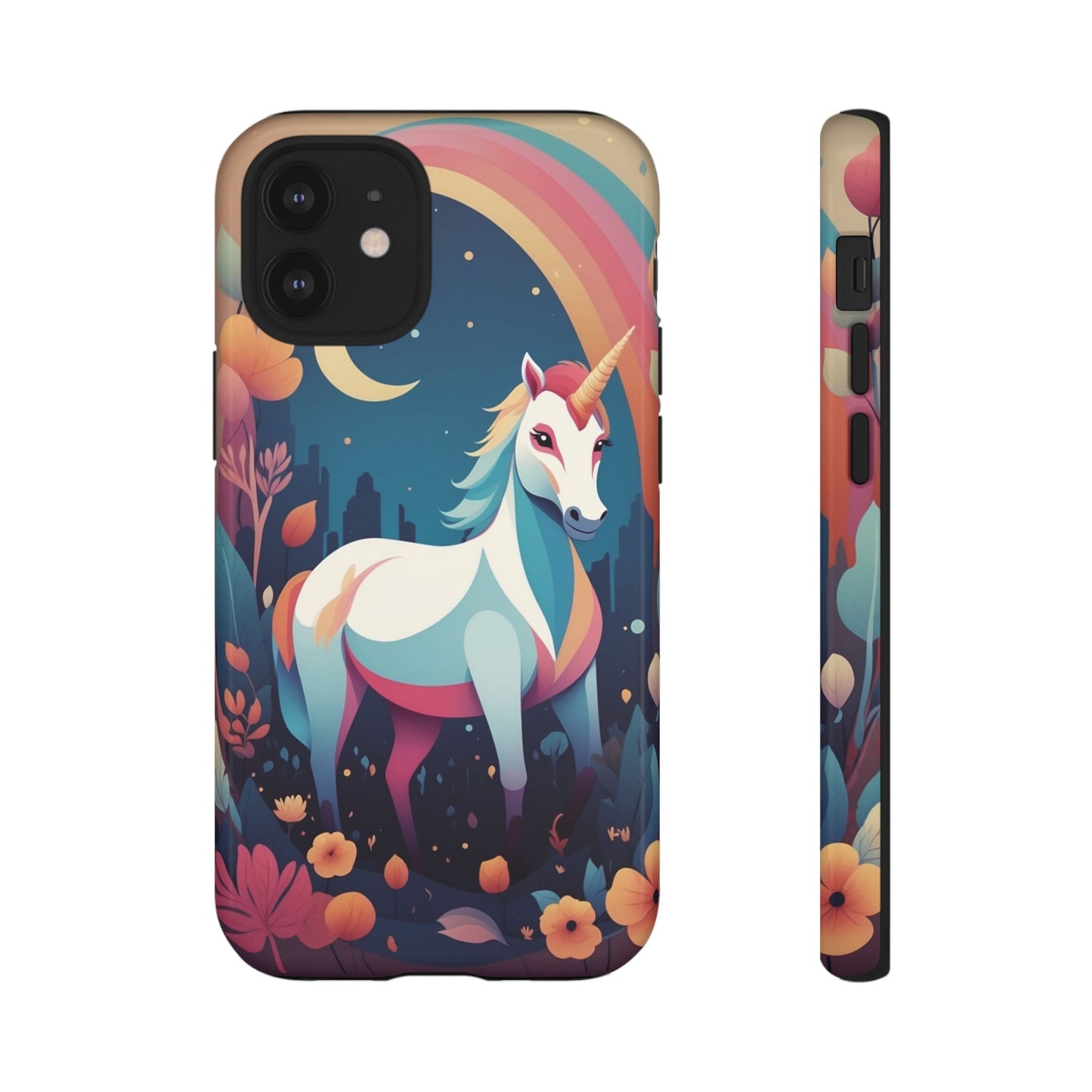 iPhone 12 Mini / Glossy Phone Case - Stylised Unicorn & Rainbow Design Phone Case