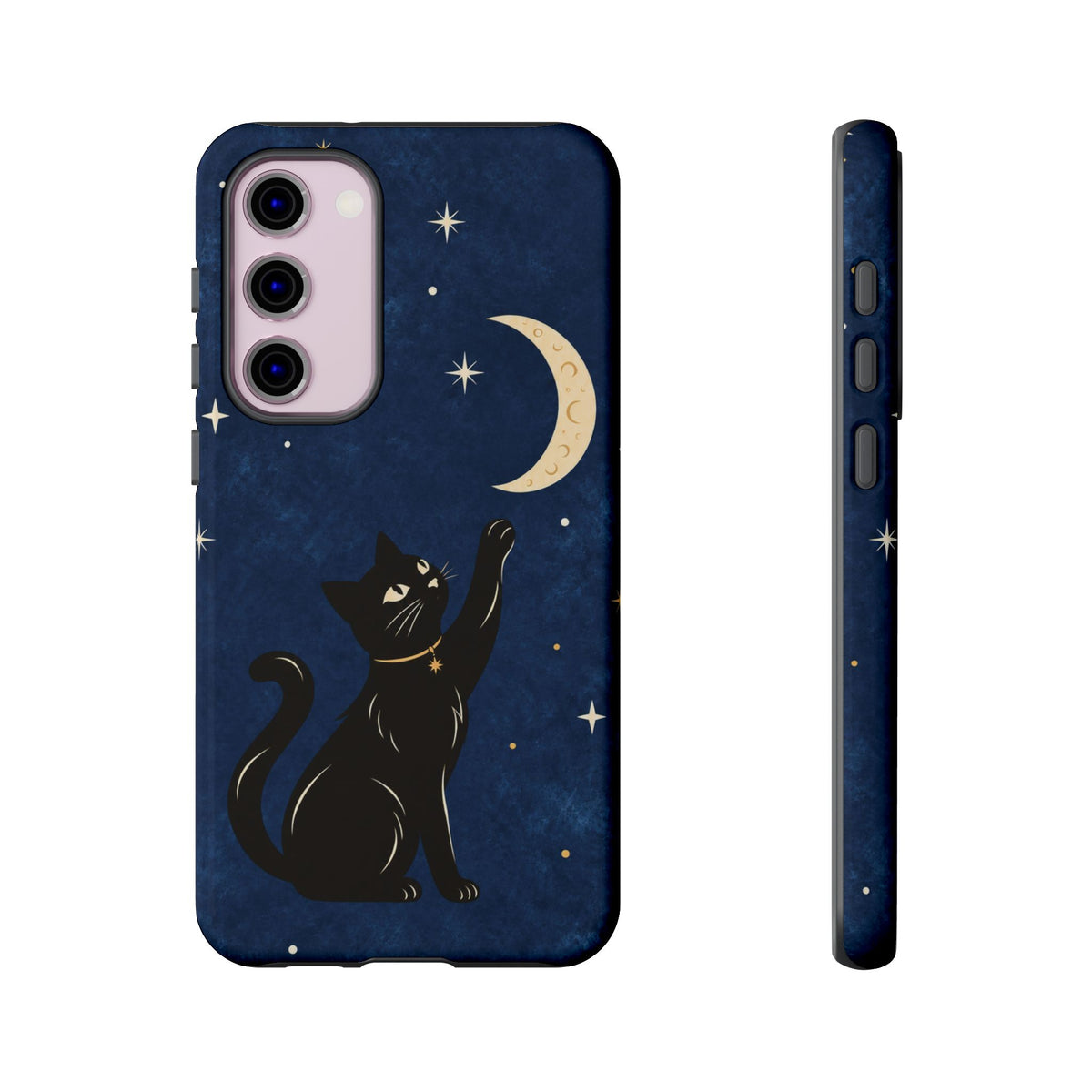 Whimsical Navy Blue Celestial Black Cat Phone Case