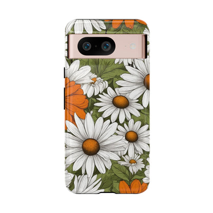 Google Pixel 8 / Glossy Phone Case - Boho Chic Daisies Floral Pattern ’White Orange & Green’ Phone Case