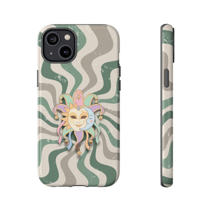 iPhone 14 Plus / Glossy Phone Case - Sun & Moon Jester Mask – Green Retro Wave Phone Case