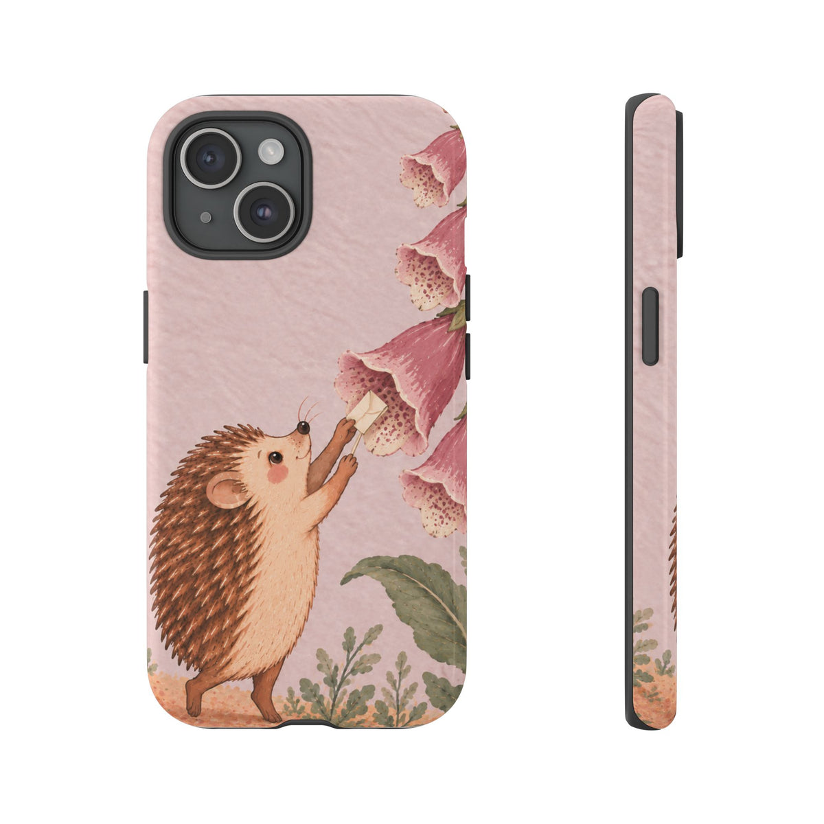 Whimsical Blush Pink Hedgehog and Foxglove Phone Case - Pink Phone Case - iPhone 15 / Glossy